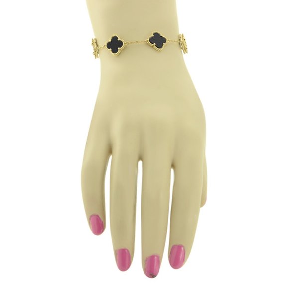 Jewelry - Clover Black Onyx 18k Yellow Gold over Sterling Silver 925 5 Motif Bracelet 7"